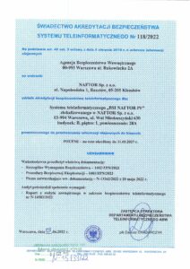swiadectwo akredytacji bezpieczenstwa systemu teleinformatycznego nr 118 2022 - Naftor Sp. z o.o.